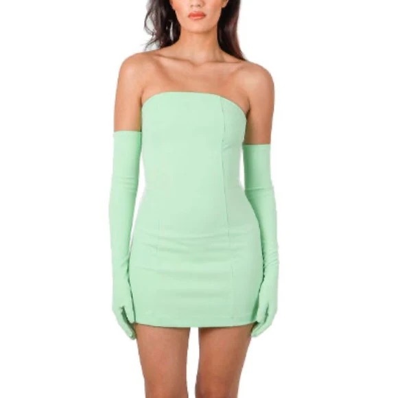 Miscreants London Strapless Cupid Mini Dress With Gloves In Mint Green - Picture 1 of 10